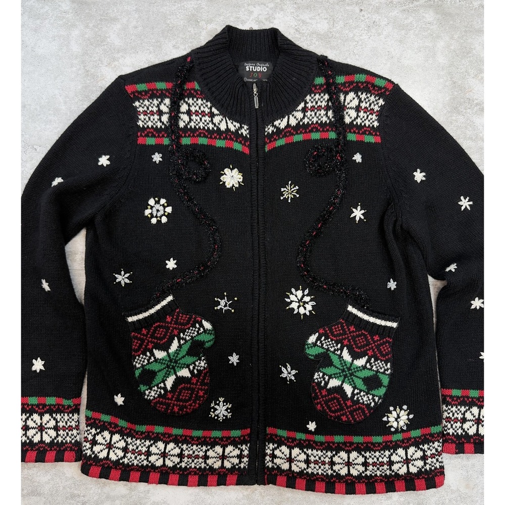 Designers Originals Studio Joy Sweater Medium Christmas Mittens Snowflake Zip Up